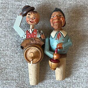 2 Vintage Handcrafted Wooden Bottle Stoppers Mechanical Character Figures Cork